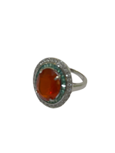9ct White Gold Mexican Fire Opal, Emerald and Diamond Ring