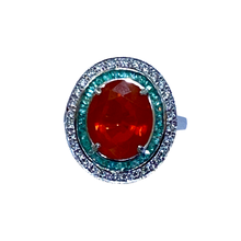 9ct White Gold Mexican Fire Opal, Emerald and Diamond Ring