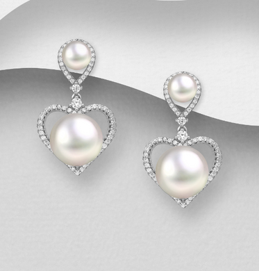 Sterling Silver Freshwater Pearl and CZ Heart Earrings