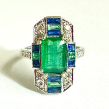 9ct White Gold Diamond, Emerald and Sapphire Ring