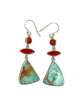 Sterling Silver, Turquoise and Coral Drop Earrings