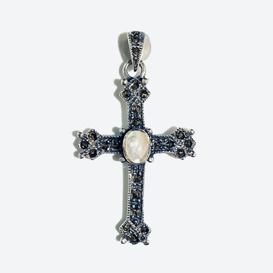 Sterling Silver Mother of Pearl Gothic Marcasite Pendant Cross