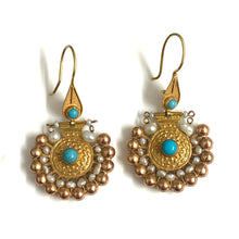 14ct yellow Gold Seed Pearl and Turquoise Etruscan Earrings