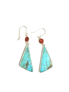 Sterling Silver, Turquoise and Coral Kite Shaped Drop Earrings