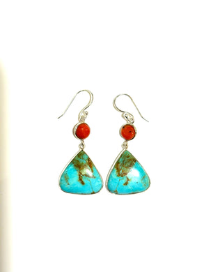 Triangular Sterling Silver Turquoise and Coral Drop Earrings