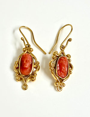 Antique 9ct Yellow Gold Momo Coral Cameo Drop Earrings