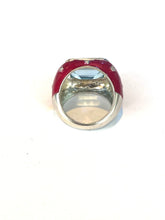 Sterling Silver Red Enamel, Blue Topaz and CZ Ring