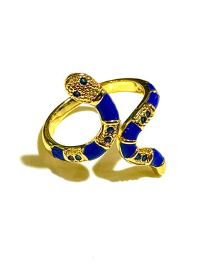 Gold Adjustable Blue Enamel Snake Ring
