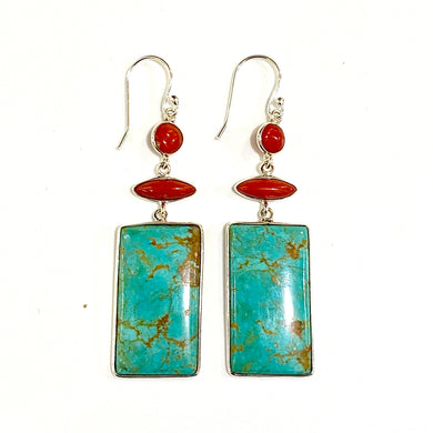 Sterling Silver Coral and Turquoise Rectangular Drop Earrings
