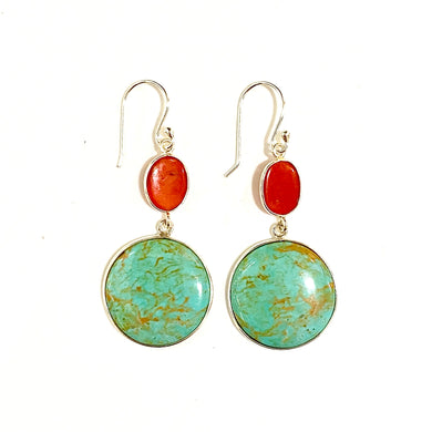 Sterling Silver Coral and Turquoise Round Drop Earrings