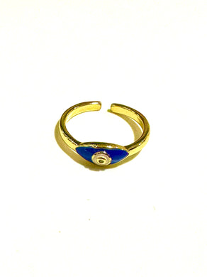 Gold Adjustable Blue Enamel Evil Eye Ring