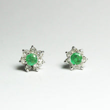 14ct White Gold Emerald and Old Cut Diamond Stud Earrings