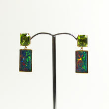 18ct Yellow Gold Black Opal and Peridot Stud Drop Earrings