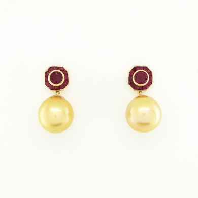 Ruby and Golden South Sea Pearl Earrings