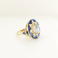 9ct Yellow Gold 4.08ct Moonstone, Diamond and Blue Enamel Cocktail Ring