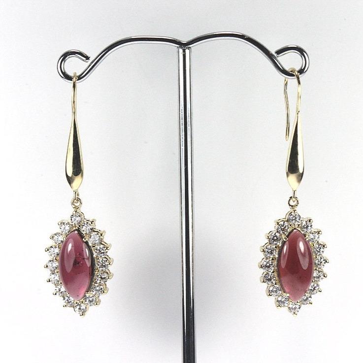 Sterling Silver Gold Plate Marquise Garnet Cabochon with White Crystals Drop Earrings