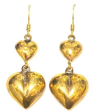 Brass Double Drop Puff Heart Hook Earrings