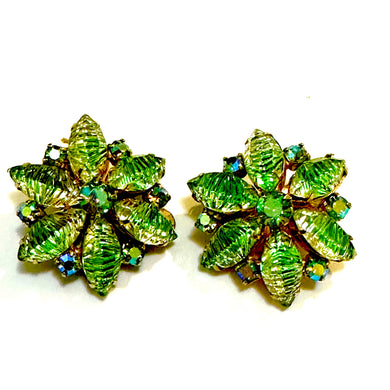 Green Crystal Starburst Clip On Earrings