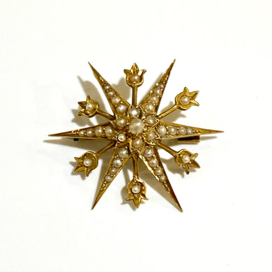 Antique 15ct Yellow Gold Seed Pearl Starburst Brooch