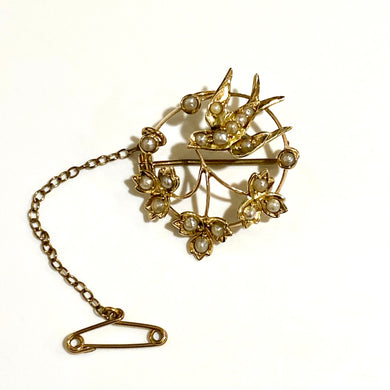 Seed Pearl Swallow and Flower Motif Brooch