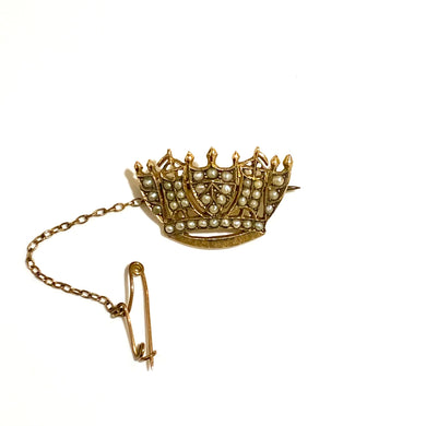Antique 9ct Yellow Gold Seed Pearl Crown Brooch