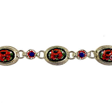 Sterling Silver Italian Red Floral Micro Mosaic Bracelet