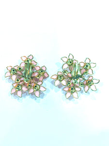 West German Pink Daisy Cluster Clip On Earrings