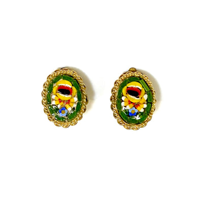 Green Floral Micro Mosaic Clip On Earrings