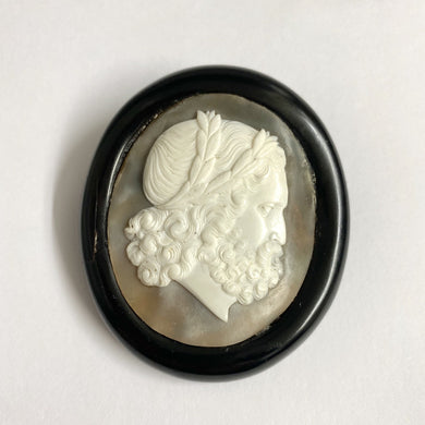 Antique Whitby Jet and Mother of Pearl Conch Shell Cameo Brooch