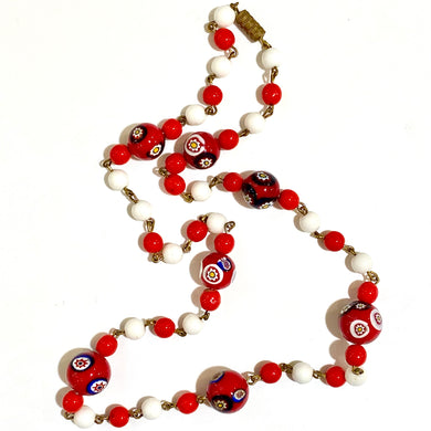 Red and White Italian Glass Beaded Necklace