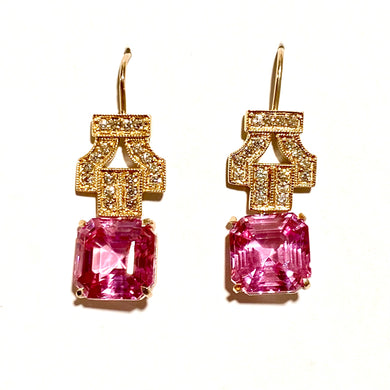 9ct Yellow Gold Diamond and Pink Topaz Hook Drop Earrings
