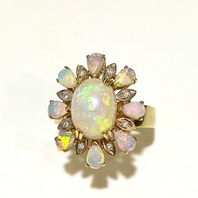 14ct Yellow Gold 5ct Cabochon White Opal and Diamond Ring