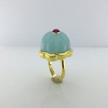 Gold Plated Sterling Silver Blue Chalcedony and Ruby Ring