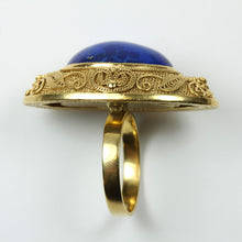 Sterling Silver Gold Plated Lapis Lazuli Carved Filigree Ring