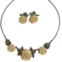 Marcasite and Ivory Rose Carved Sterling Silver Necklace