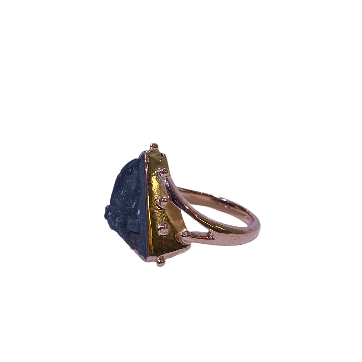 9ct Rose Gold Lava Stone with a Carved Goat Head Ring