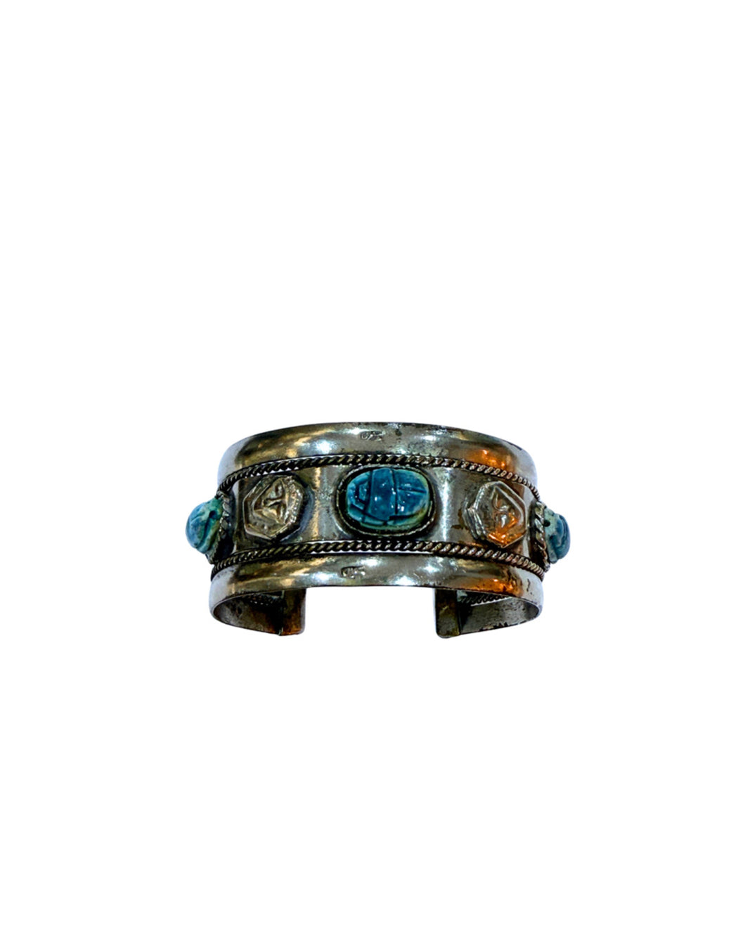 Vintage Sterling Silver Plate CarvedTurquoise Scarab Cuff