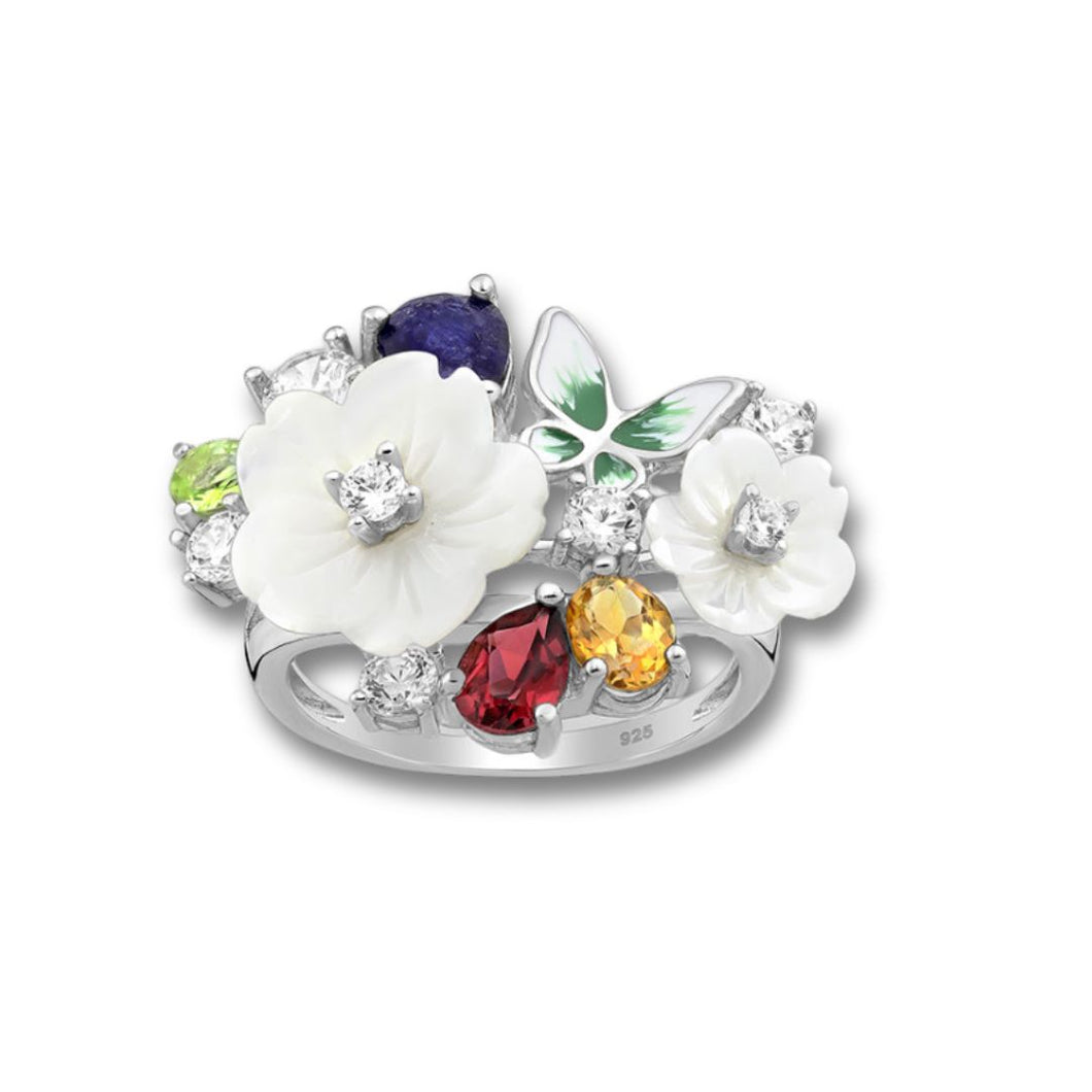 925 Sterling Silver Flower and Butterfly Ring, Decorated with Shell and Blue Sapphire