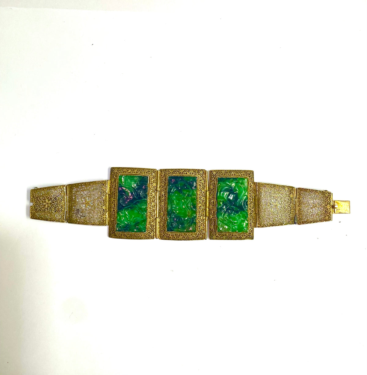 Jadeite Filligree 18ct Yellow Gold Plate Bracelet