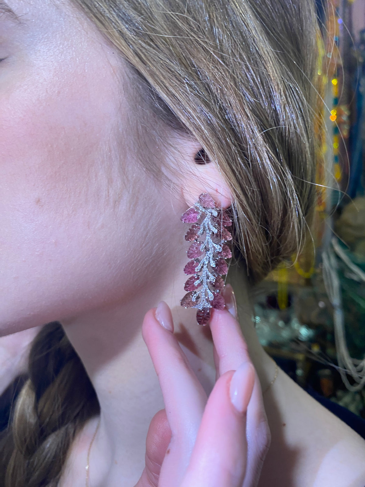 Carved Pink Tourmaline with Diamonds in Sterling Silver Runway Stud Earrings