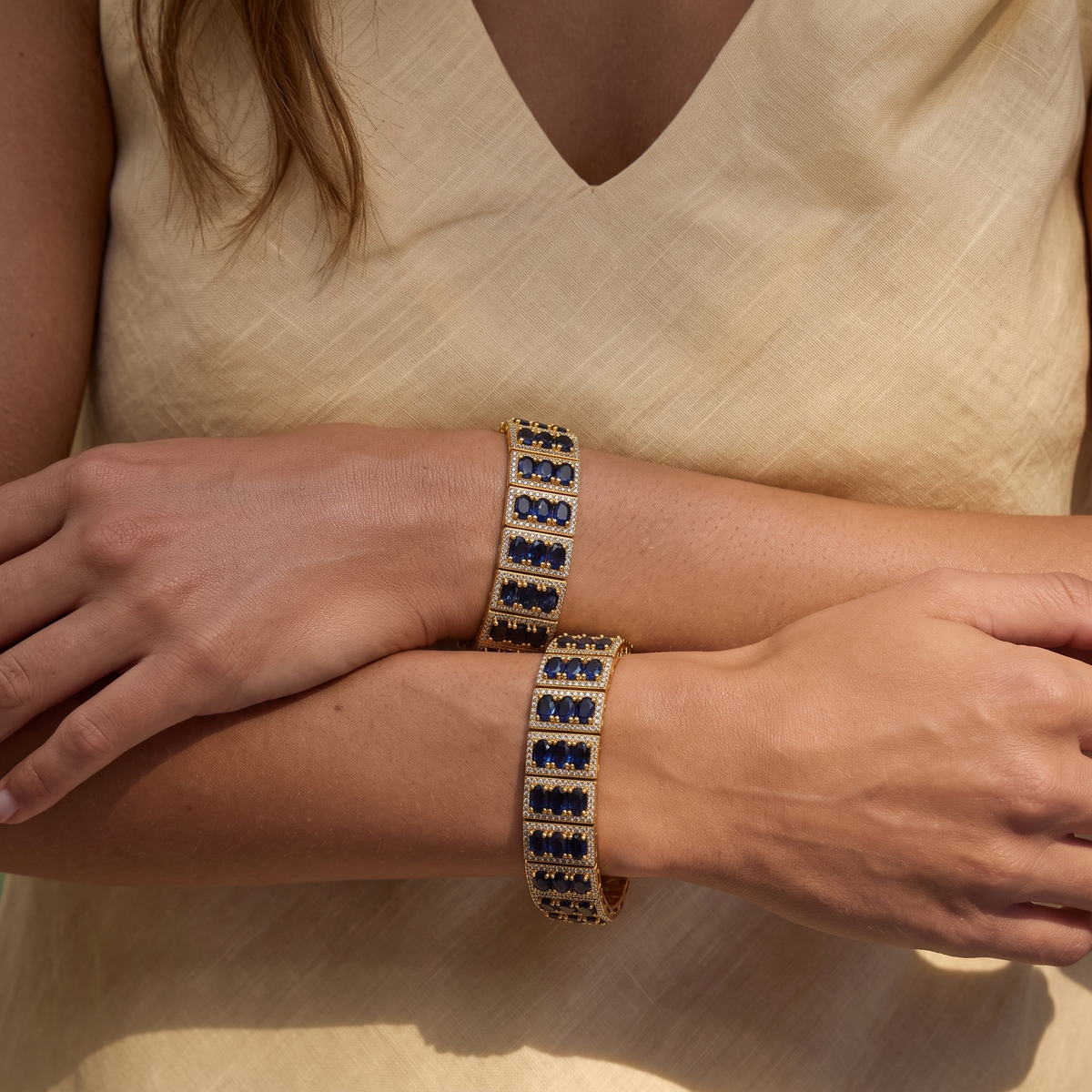 18ct Gold-Plated Silver Sapphire & Diamond Bracelet — crossed-wrist styling