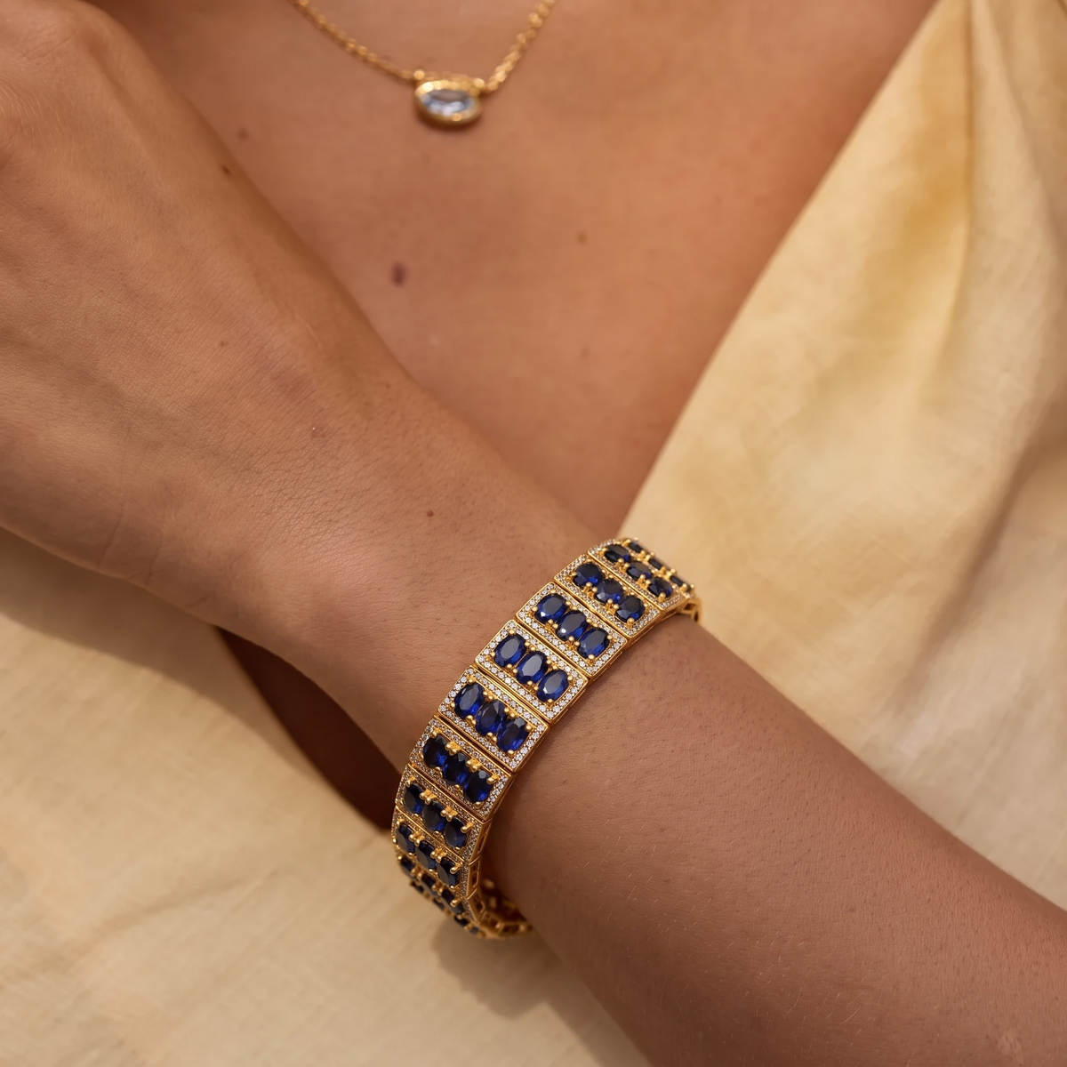 18ct Gold-Plated Silver Sapphire & Diamond Bracelet — wrist close-up