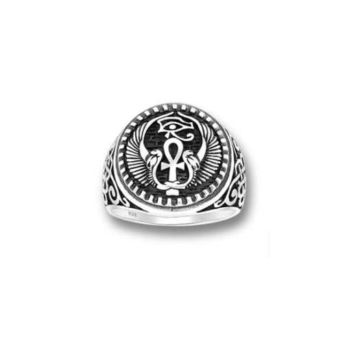 925 Sterling Silver Oxidized Celtic, Cobra, Egyptian Cross and The Eye Of Horus Ring