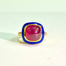 Sterling Silver Gold Plated Navy Enamel and Ruby Ring