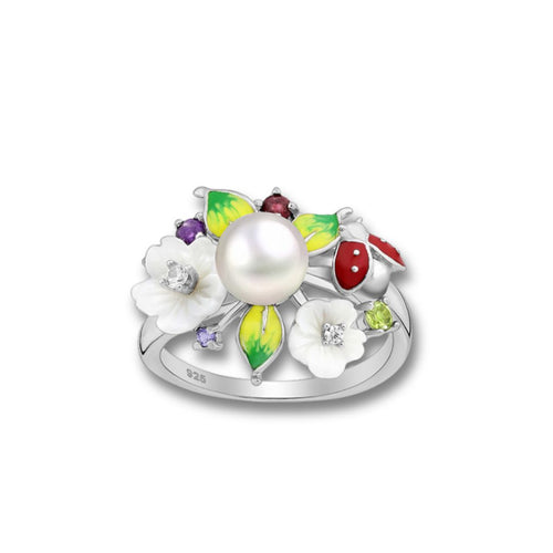 925 Sterling Silver Flower and Ladybug Ring, Decorated with Shell, Freshwater Pearl