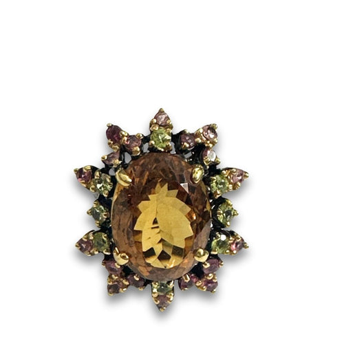 Sterling Silver Black Rhodium Plated Citrine and Tourmaline Ring