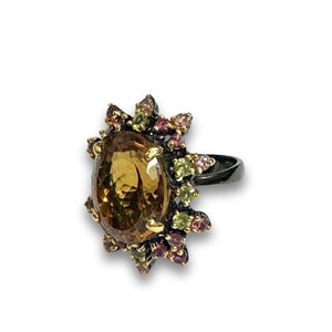 Sterling Silver Black Rhodium Plated Citrine and Tourmaline Ring