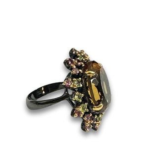 Sterling Silver Black Rhodium Plated Citrine and Tourmaline Ring