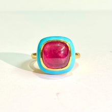 Sterling Silver Gold Plated Turquoise Enamel and Ruby Ring