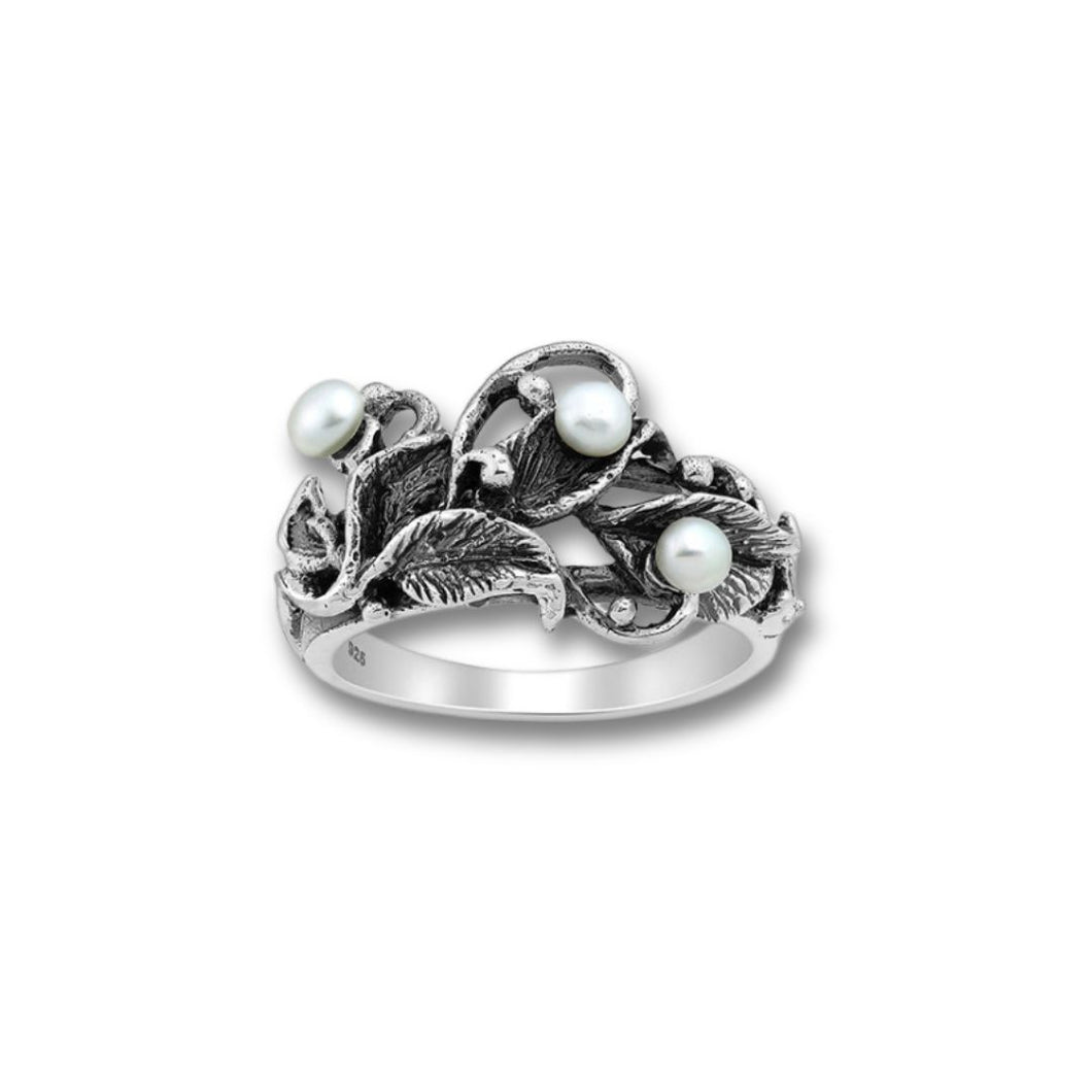 Sterling Silver Oxidized Leaf Ring, Decorated with Freshwater Pearls